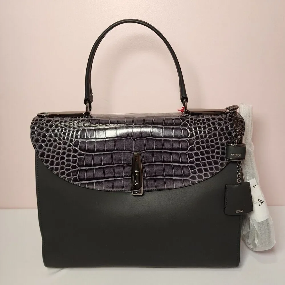 NWT Tumi Mezzanine RIVERA Crocodile Embossed Leather Satchel GREY
